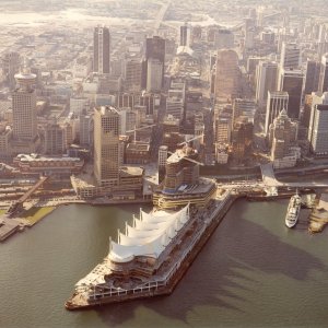 Aerial view of Downtown Vancouver looking south from Burrard Inlet in 1984