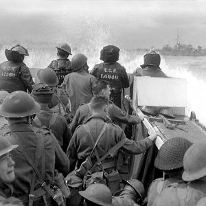 Infantrymen are seen heading ashore from HMCS Prince Henry off the Normandy beachhead in France on D-Day, June 6, 1944.