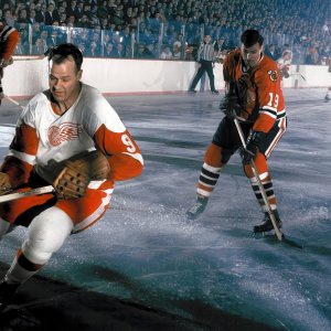 Gordie Howe in a 1966 playoff game against Chicago