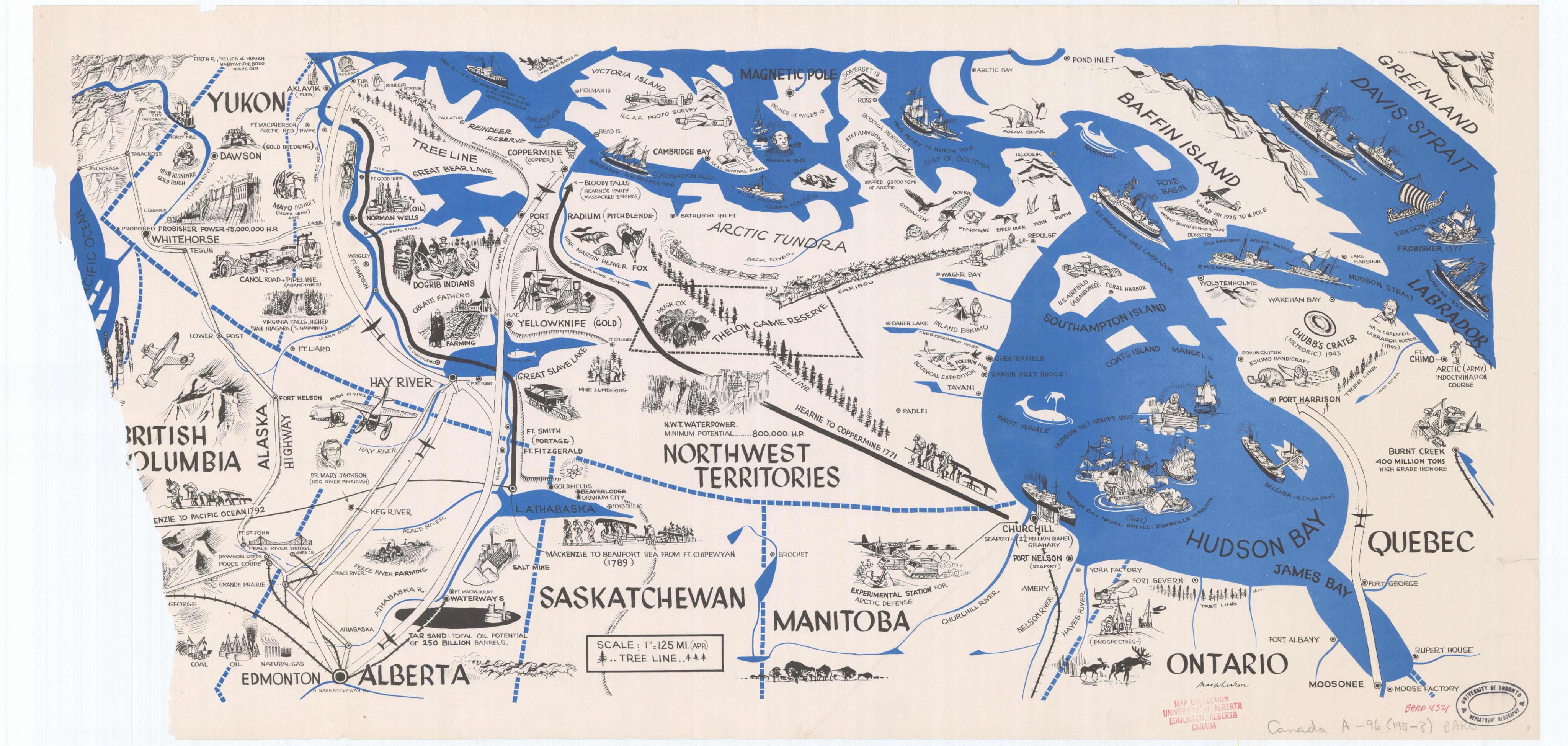 A pictorial map of "Northern Canada" in the 1950s